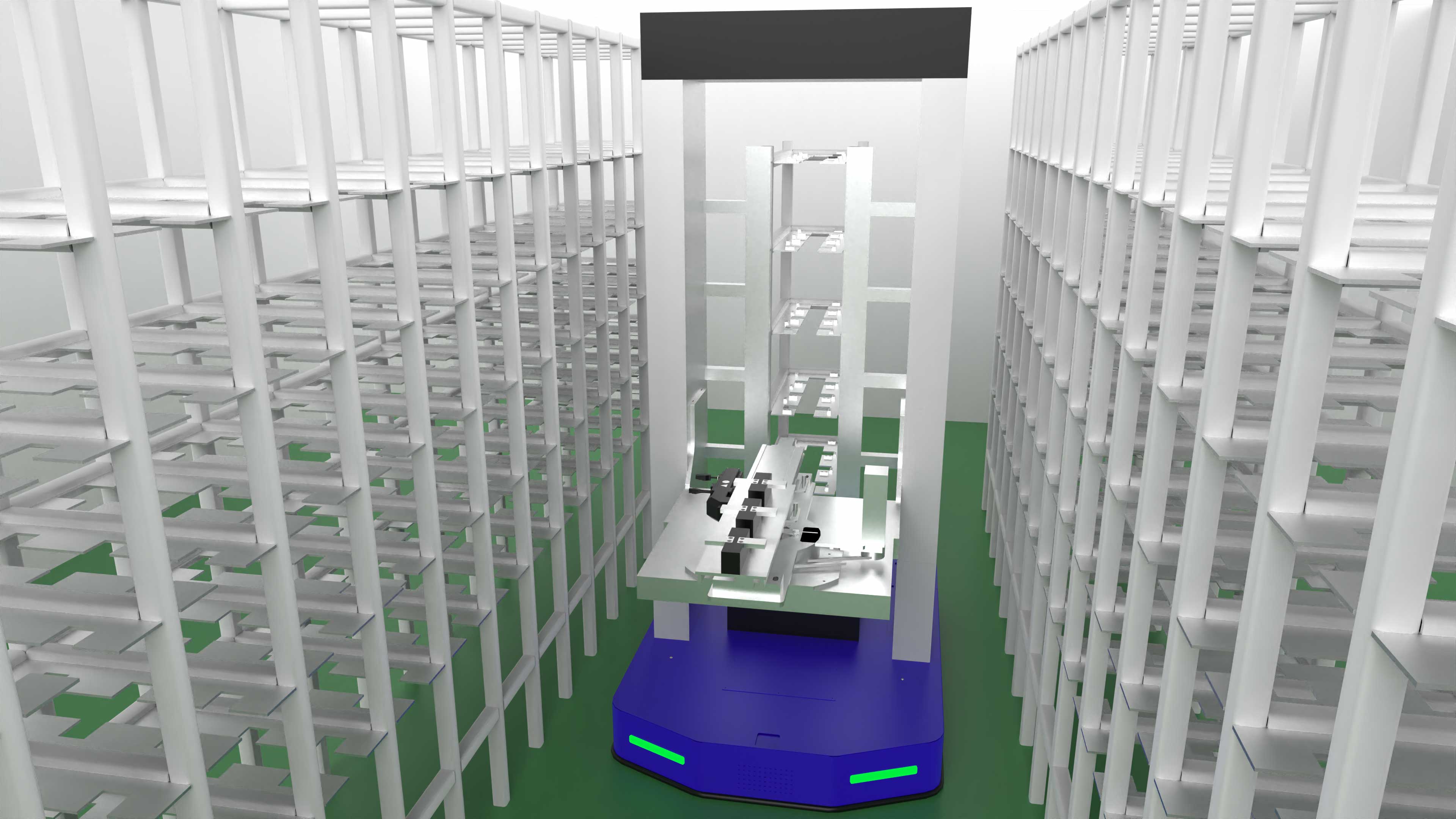 Bin-handling robot with telescopic forks + curing warehouse